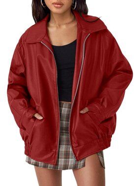 Women's Red Concert Outfits Fall And Winter Outerwear Leather Bomber Jackets